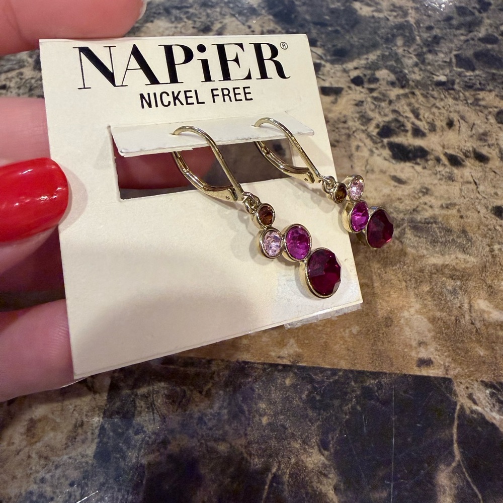 Napier Gold-Tone Pink & Red Crystal Drop Earrings - Picture 6 of 6